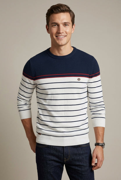 Herren Gestreifter Pullover Mit Rundhalsausschnitt