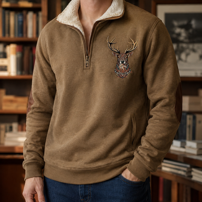 Quarter-Zip Strickpullover Mit Hirschmotiv