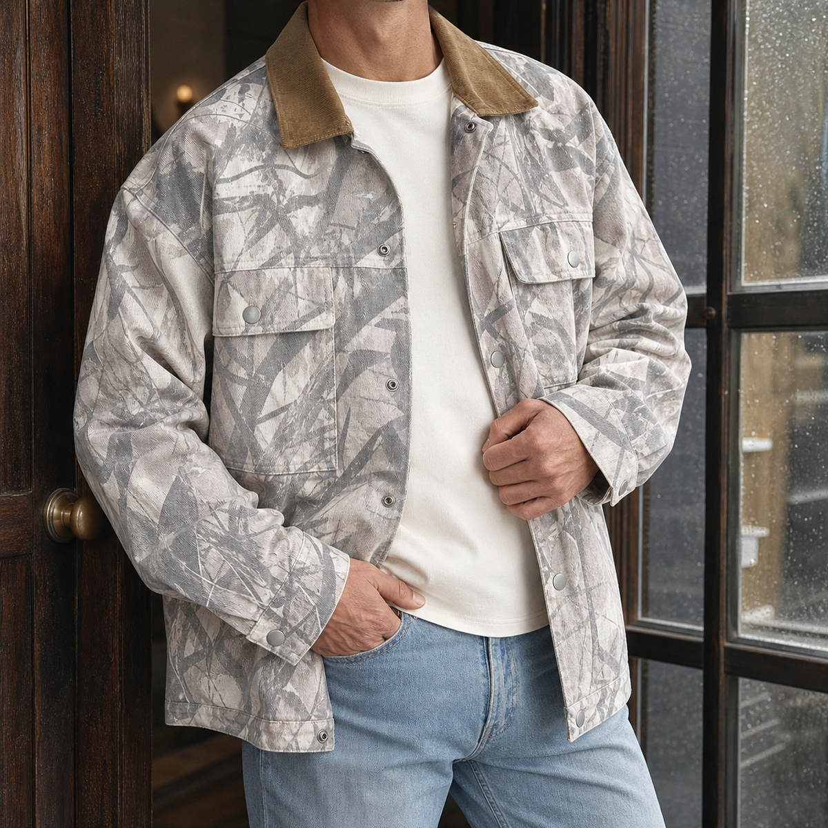 Camouflage-Jeansjacke für Herren mit Druckknöpfen auf der Vorderseite