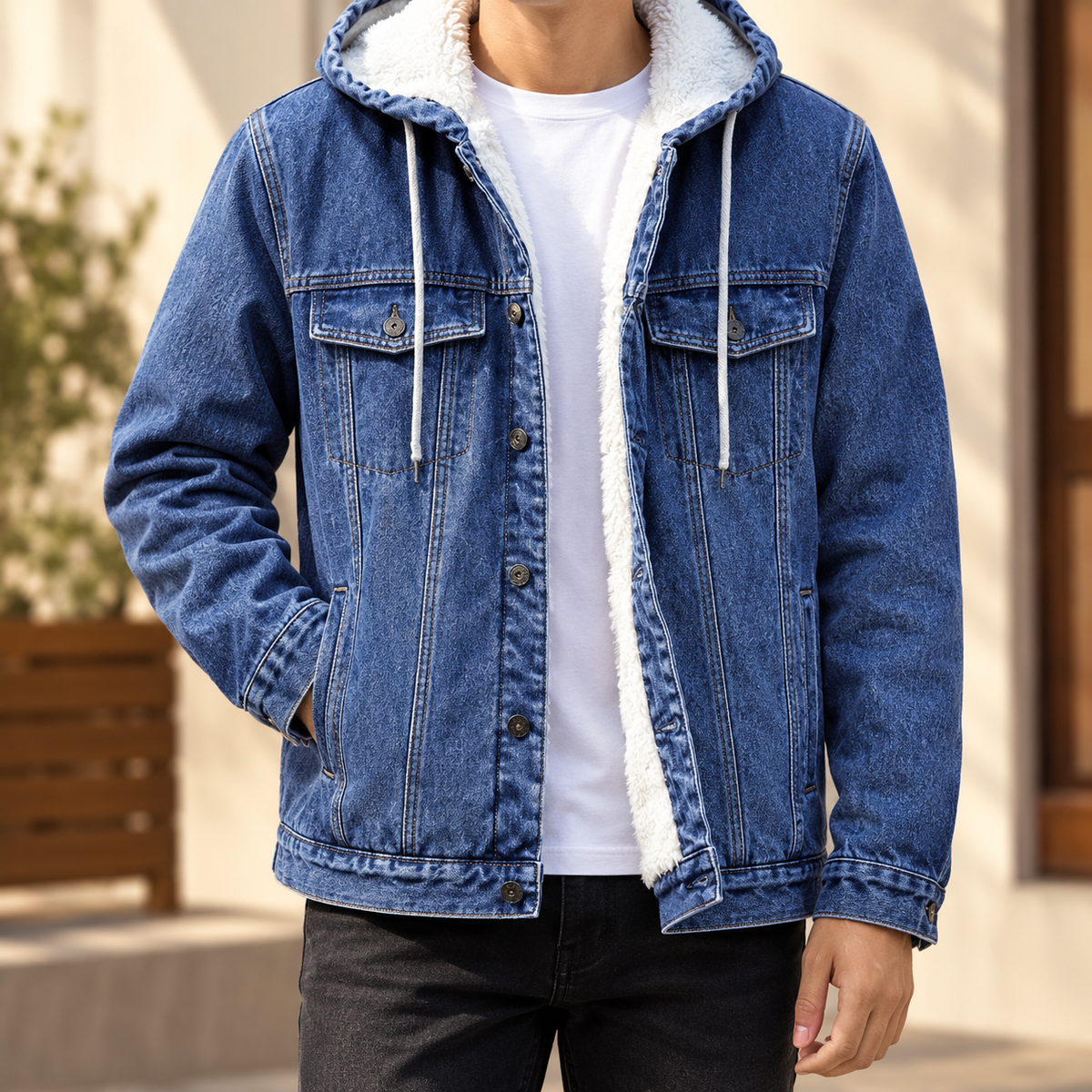Gefütterte Herren-Denimjacke aus Baumwollmix mit praktischer Kapuze