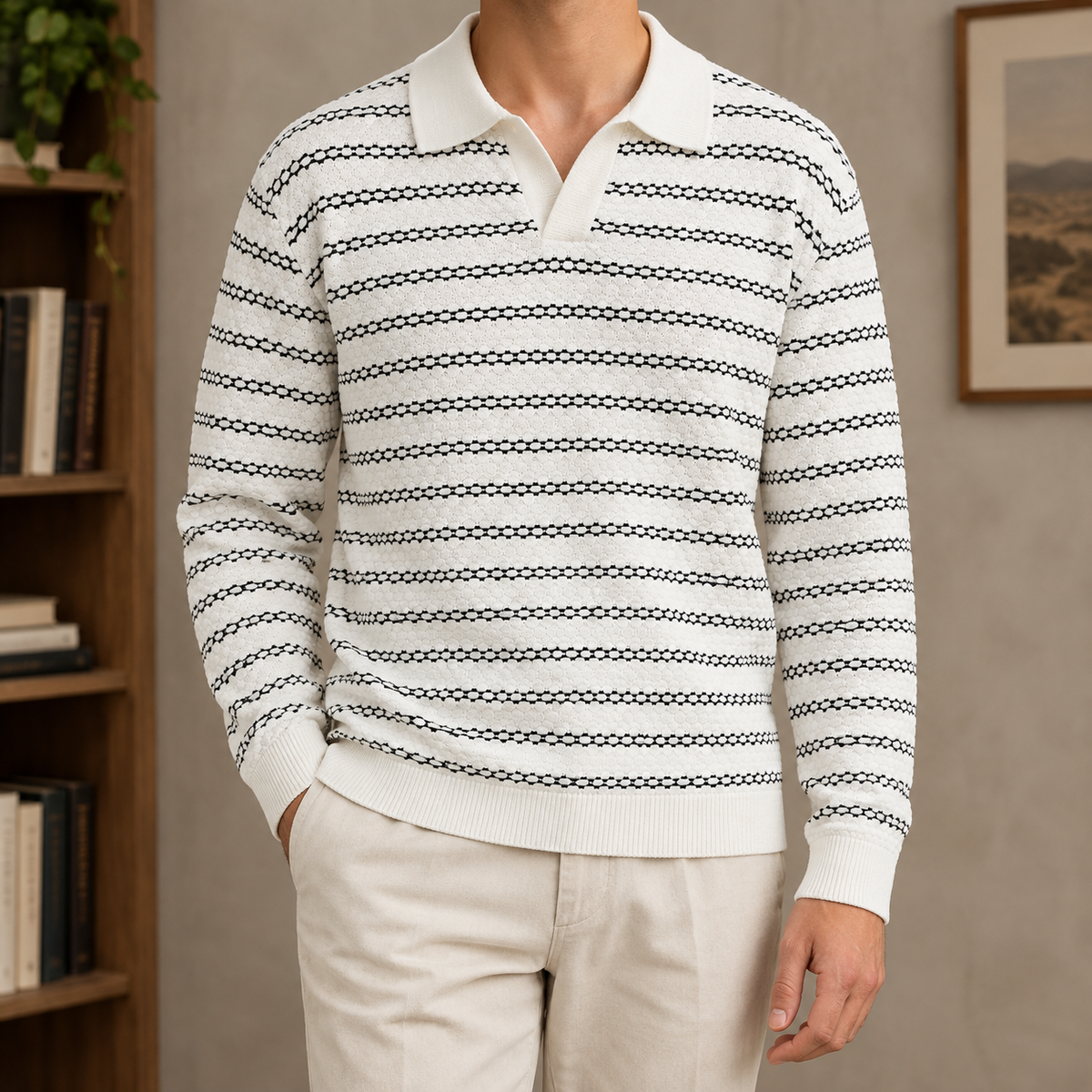 Herren-Poloshirt aus Leinenmischstrick mit offenem Kragen, Vorderansicht