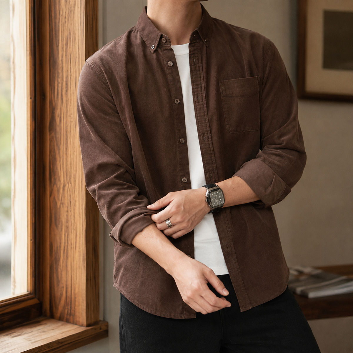 Strukturiertes Herren-Overshirt mit lockerer Passform in der Vorderansicht
