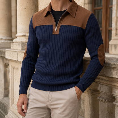 Herren-Pullover aus Rippenstrick mit Viertelreißverschluss in Frontalansicht