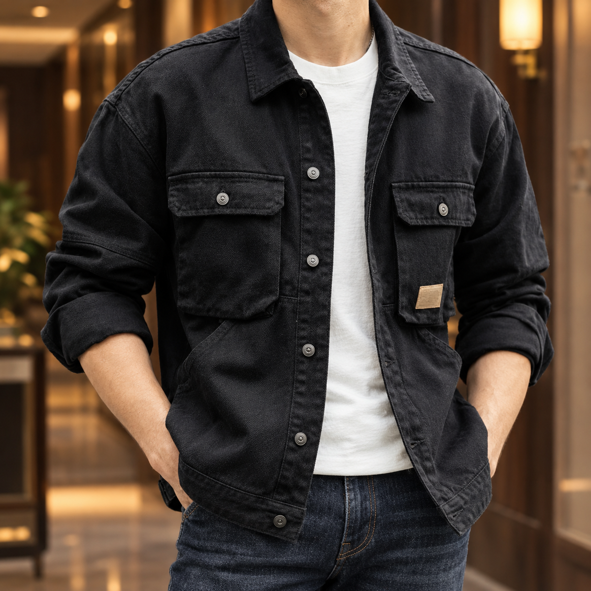 Utility-Jacke aus Denim mit vier aufgesetzten Taschen in der Vorderansicht