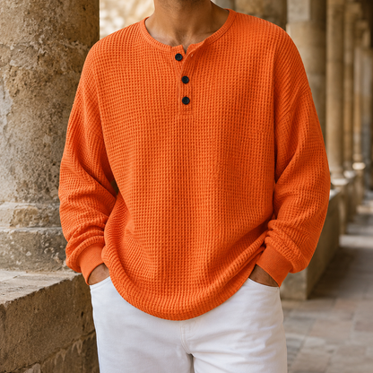 Waffelstrick Henley Pullover Mit Knopfleiste