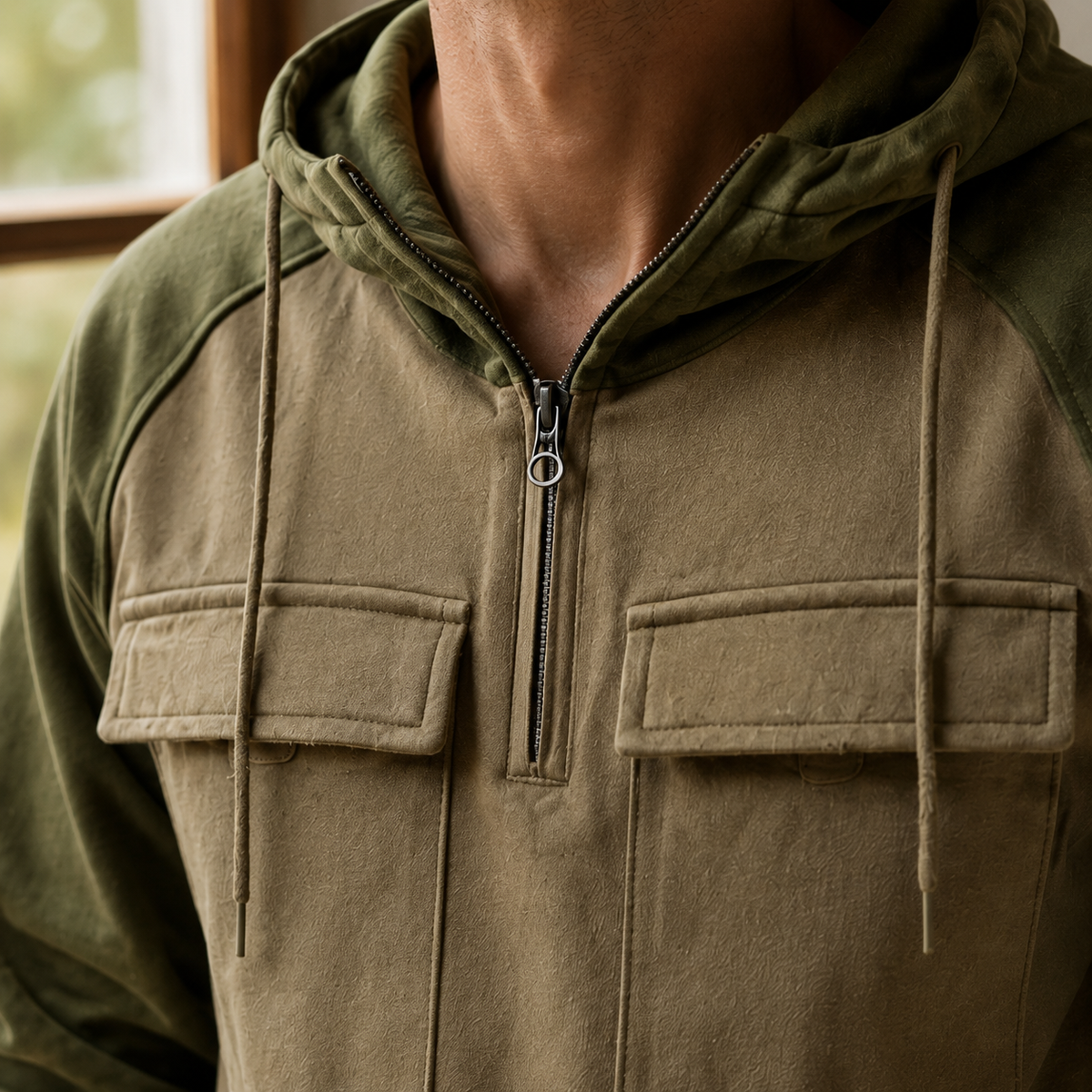 Vorderansicht eines grauen Utility-Hoodies mit geräumiger Kängurutasche