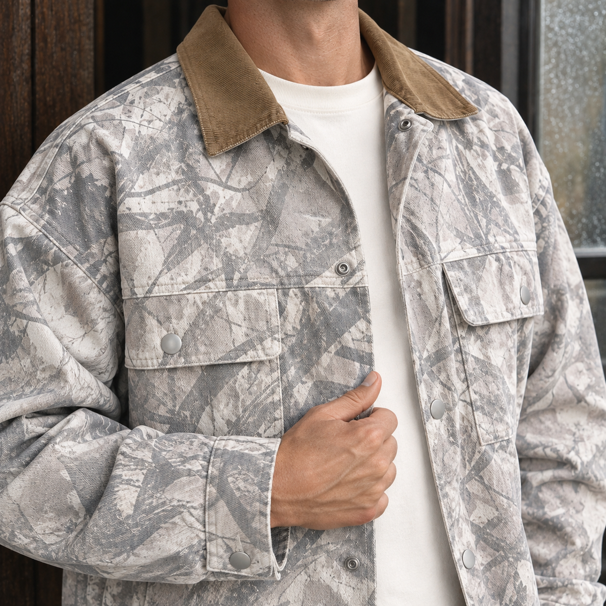 Detailansicht der Camouflage-Jeansjacke mit praktischen Druckknöpfen