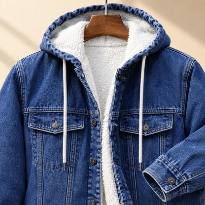 Herren-Denimjacke mit Kapuze und weichem Futter in detaillierter Ansicht