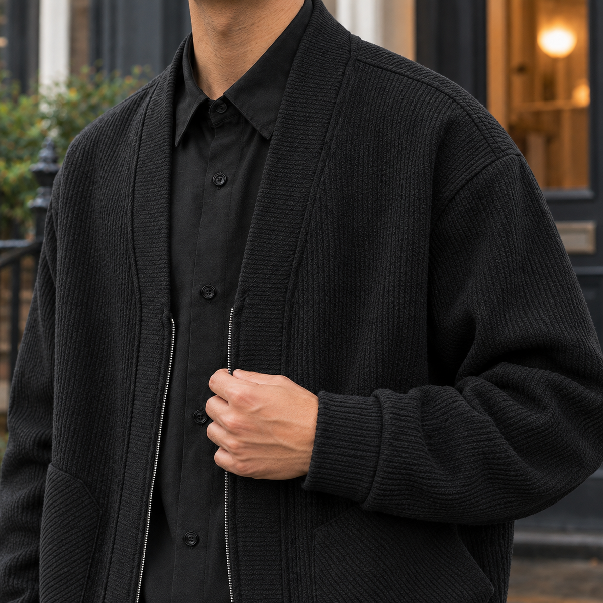Gerippte Strickjacke für Damen mit strukturiertem Material und Reißverschluss