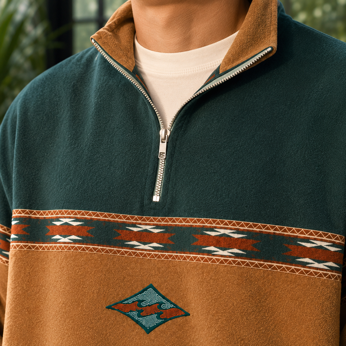 Detailansicht des Viertelzip-Verschlusses am Herren-Strickpullover