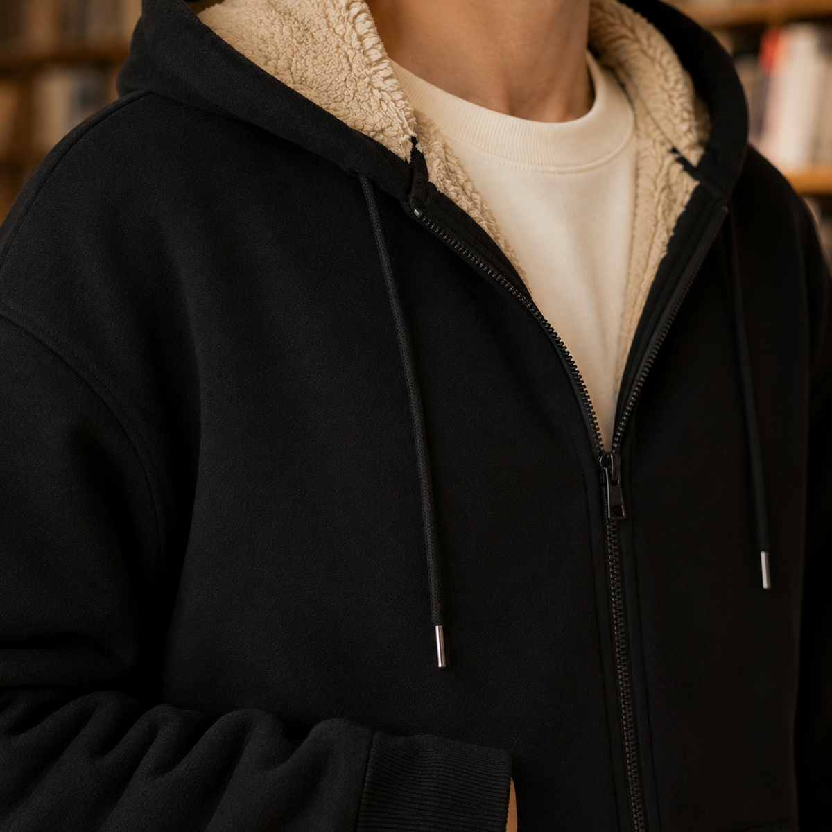 Herren-Hoodie mit weichem Sherpa-Futter und Reißverschluss im Detail
