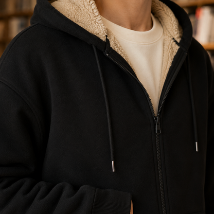 Herren-Hoodie mit weichem Sherpa-Futter und Reißverschluss im Detail