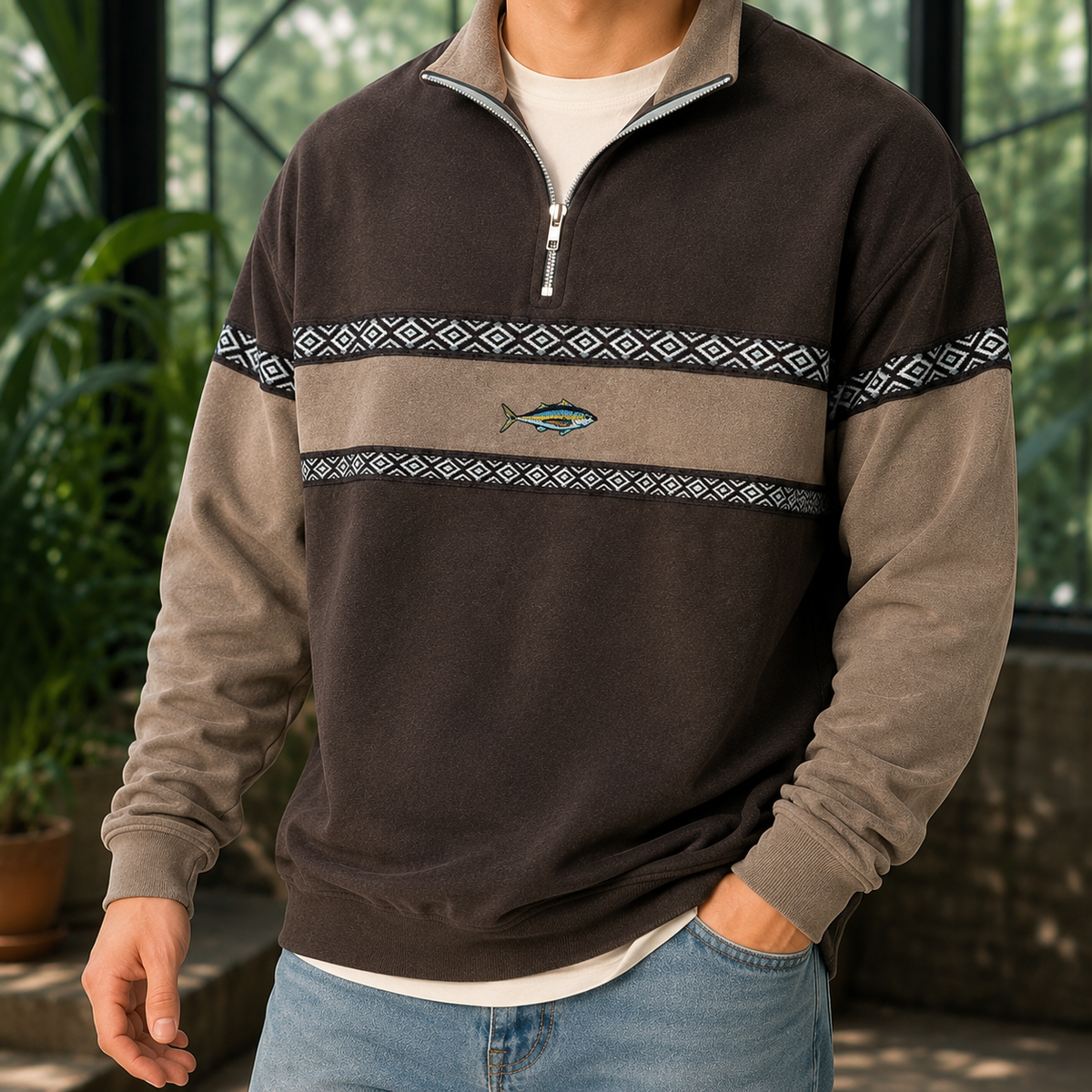 Geometrisches Muster und strukturierte Strickoptik des Pullovers