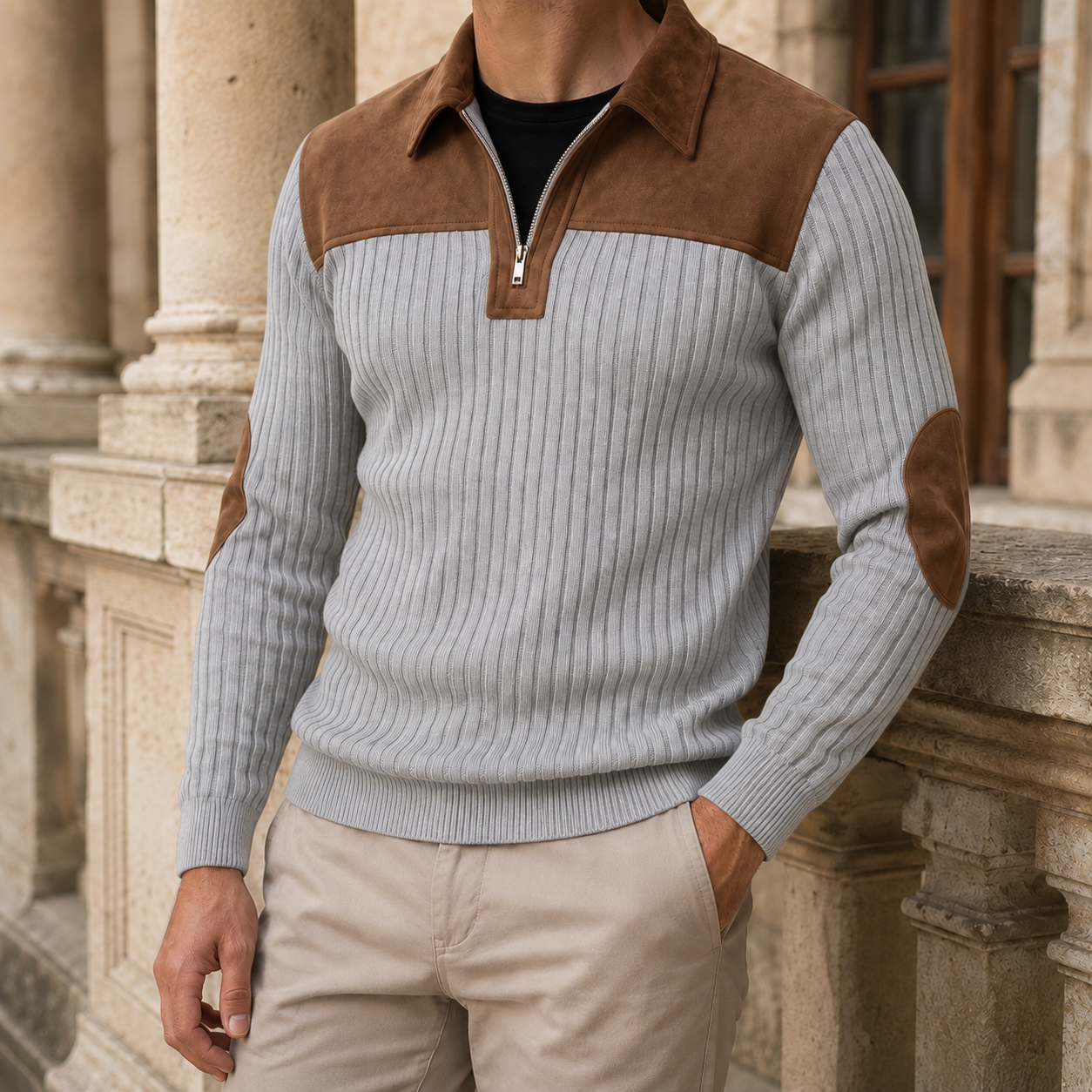 Herren Pullover Mit Viertelreißverschluss Aus Rippenstrick