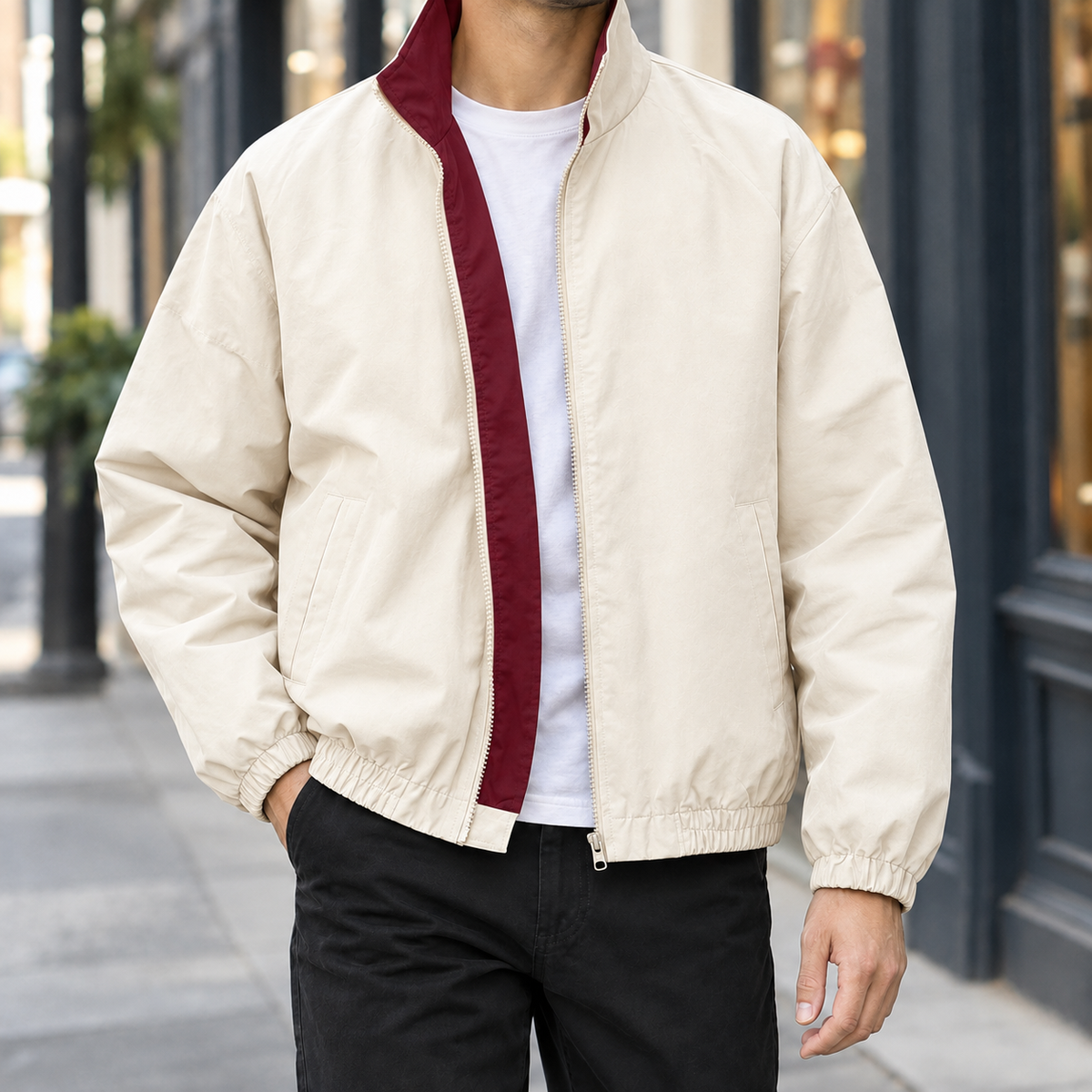Nahaufnahme des Stehkragens und Reißverschlusses der Kontrastjacke
