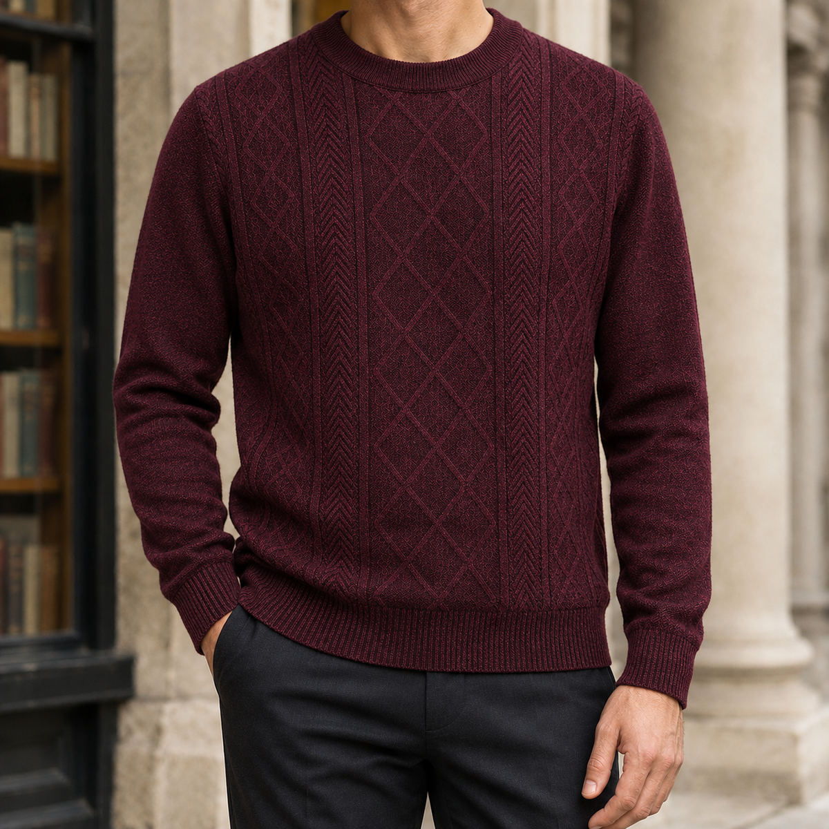Vorderansicht des Strickpullovers mit klassischem Rautenmuster