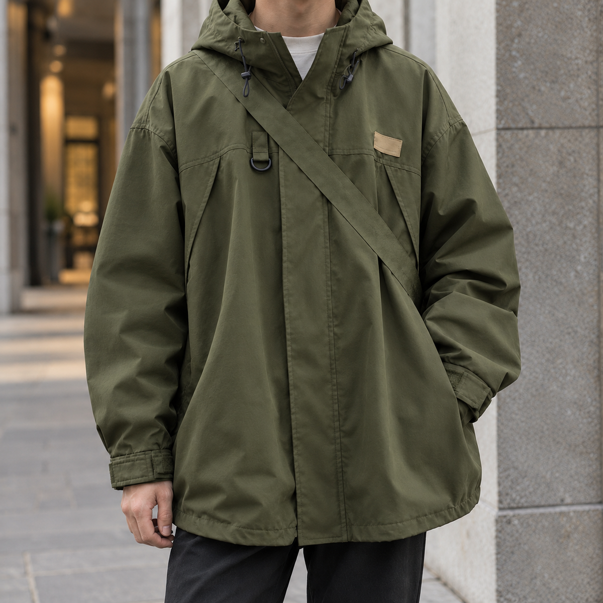 Kapuzenjacke mit lockerem Schnitt in einer lässigen Alltagsszene