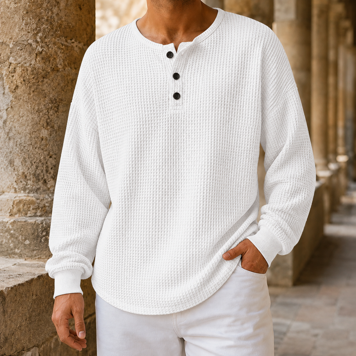 Henley-Pullover für Herren mit strukturierter Waffelstrick-Oberfläche