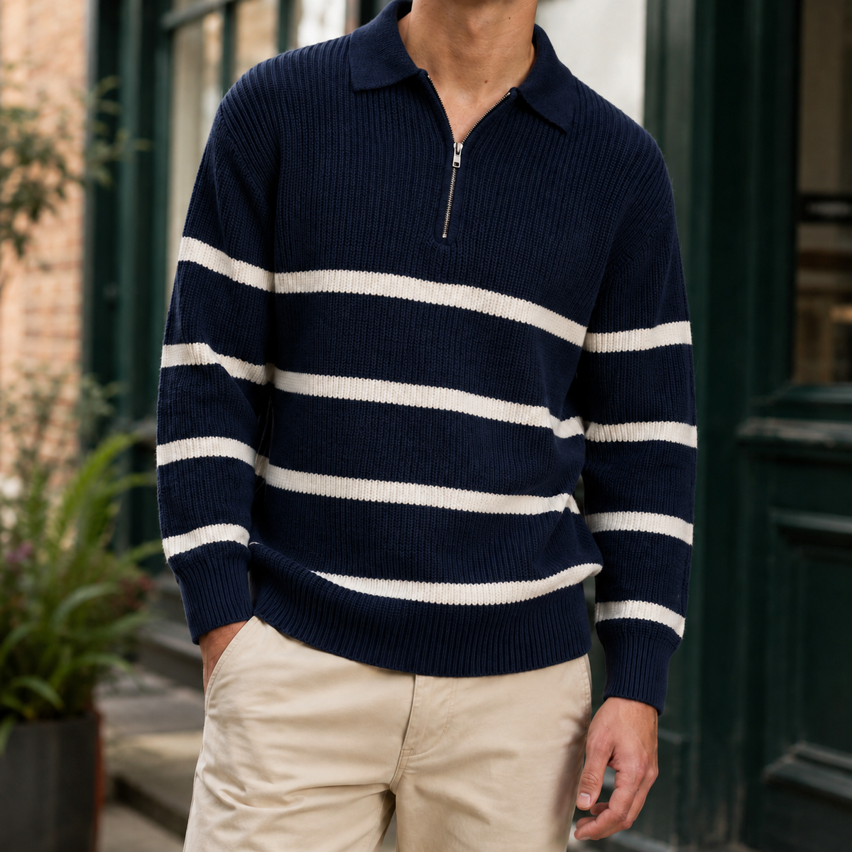 Gestreifter Rippstrickpullover für Herren in einer vollständigen Produktansicht