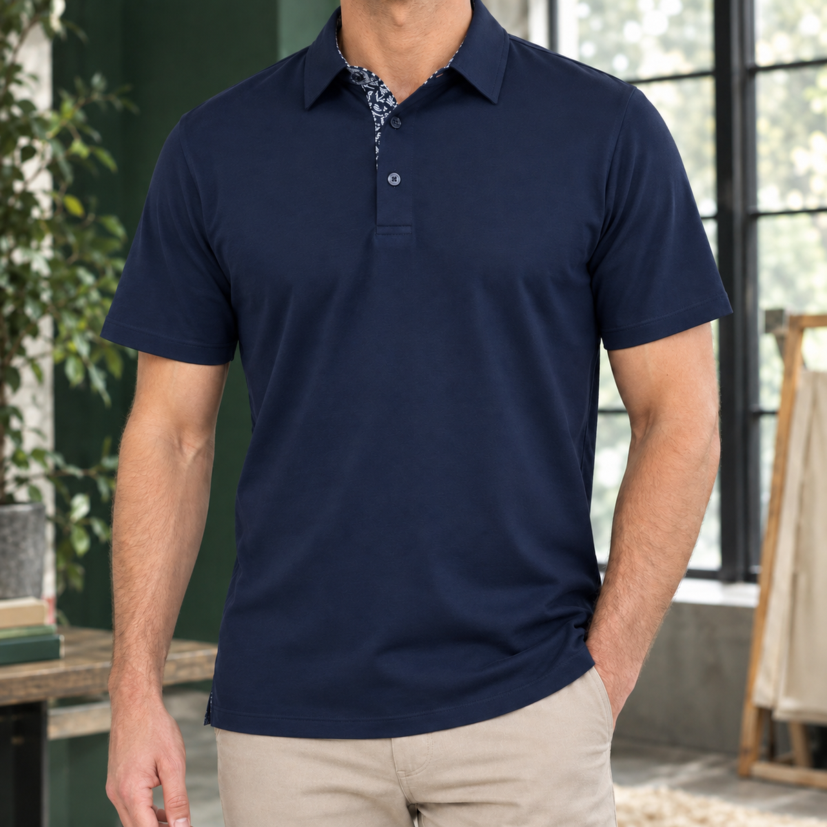 Detailansicht des Kragens am Herren-Polo-Shirt