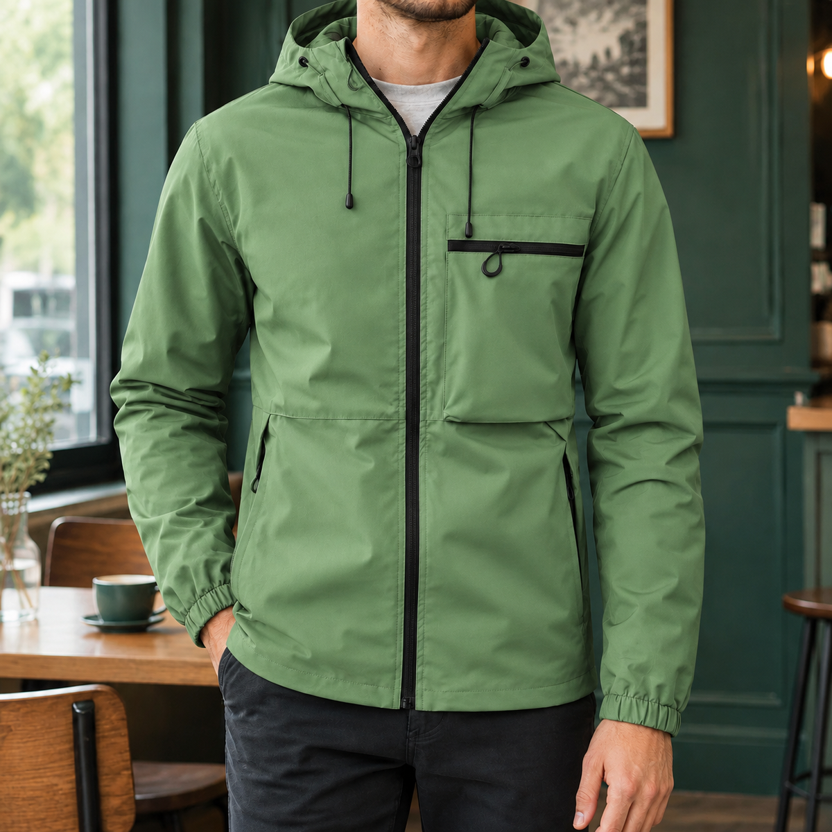 Detailansicht der Kapuze an der Gewebemischungsjacke