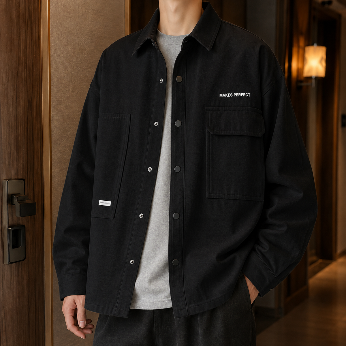 Detailansicht der asymmetrischen Taschen an der Utility-Jacke
