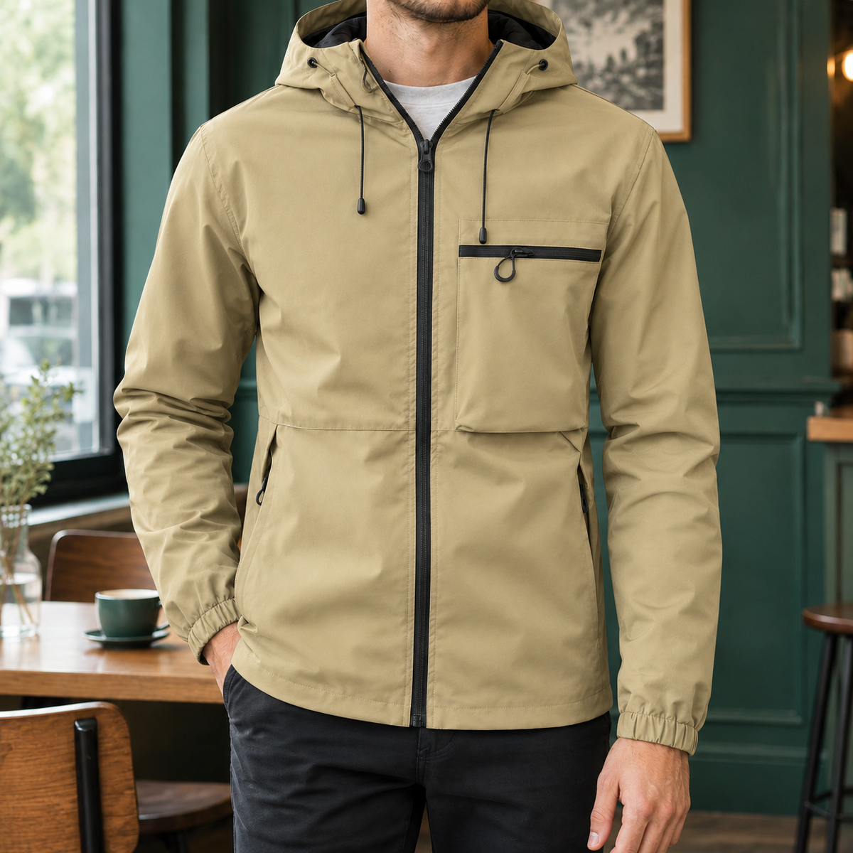 Reißverschlussdetail der Kapuzenjacke aus Gewebemischung