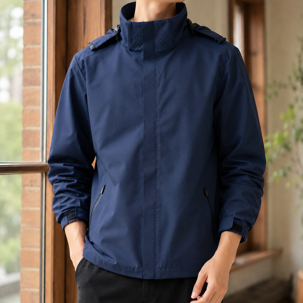 Detailansicht der Kapuze an einer geraden Herrenjacke