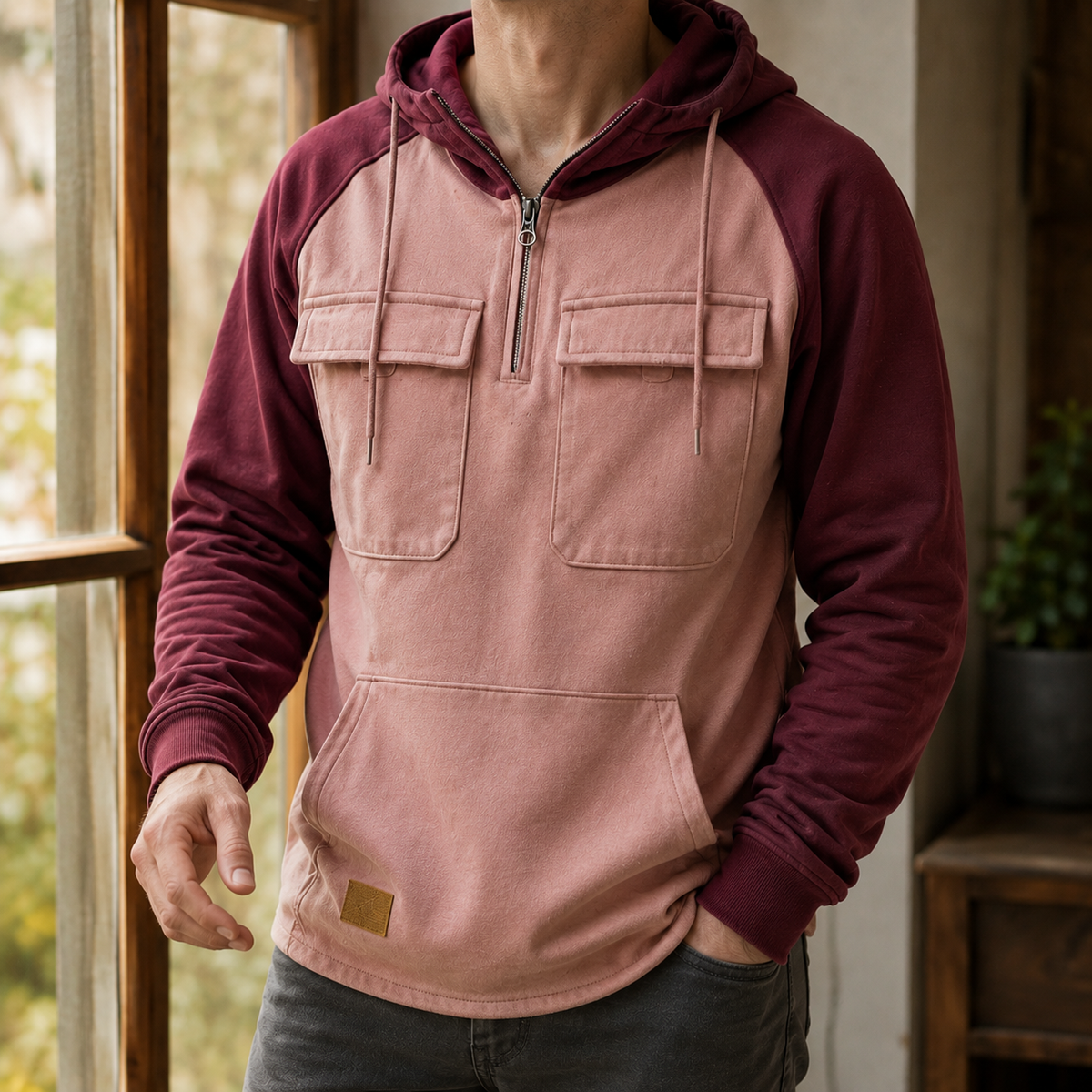Grauer Herren-Hoodie mit bequemer Passform und Utility-Details