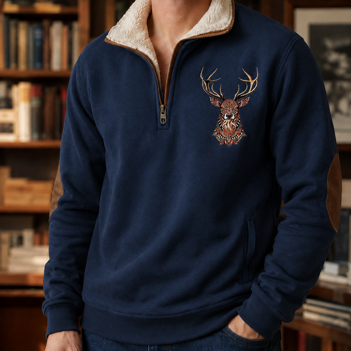 Strickstruktur und Hirschmotiv des warmen Herrenpullovers