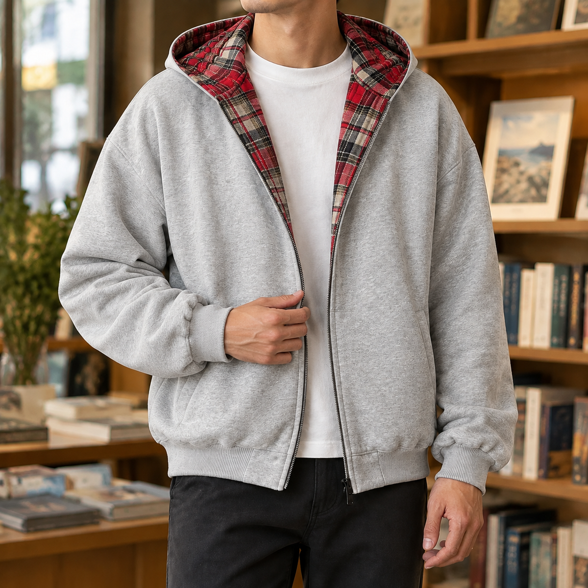 Karomuster und Material der Wendejacke im Detail