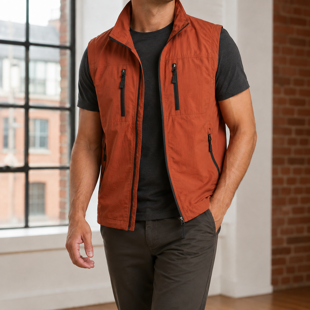 Utility-Weste für vielseitige Layering-Looks in der Rückansicht