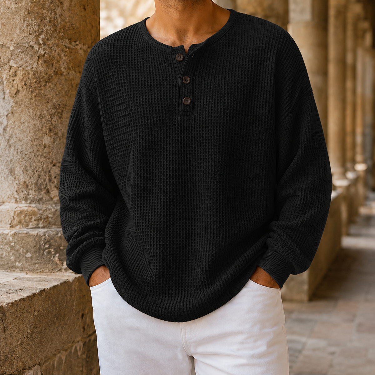 Waffelstrick Henley Pullover Mit Knopfleiste