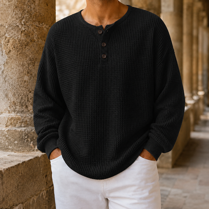 Waffelstrick Henley Pullover Mit Knopfleiste