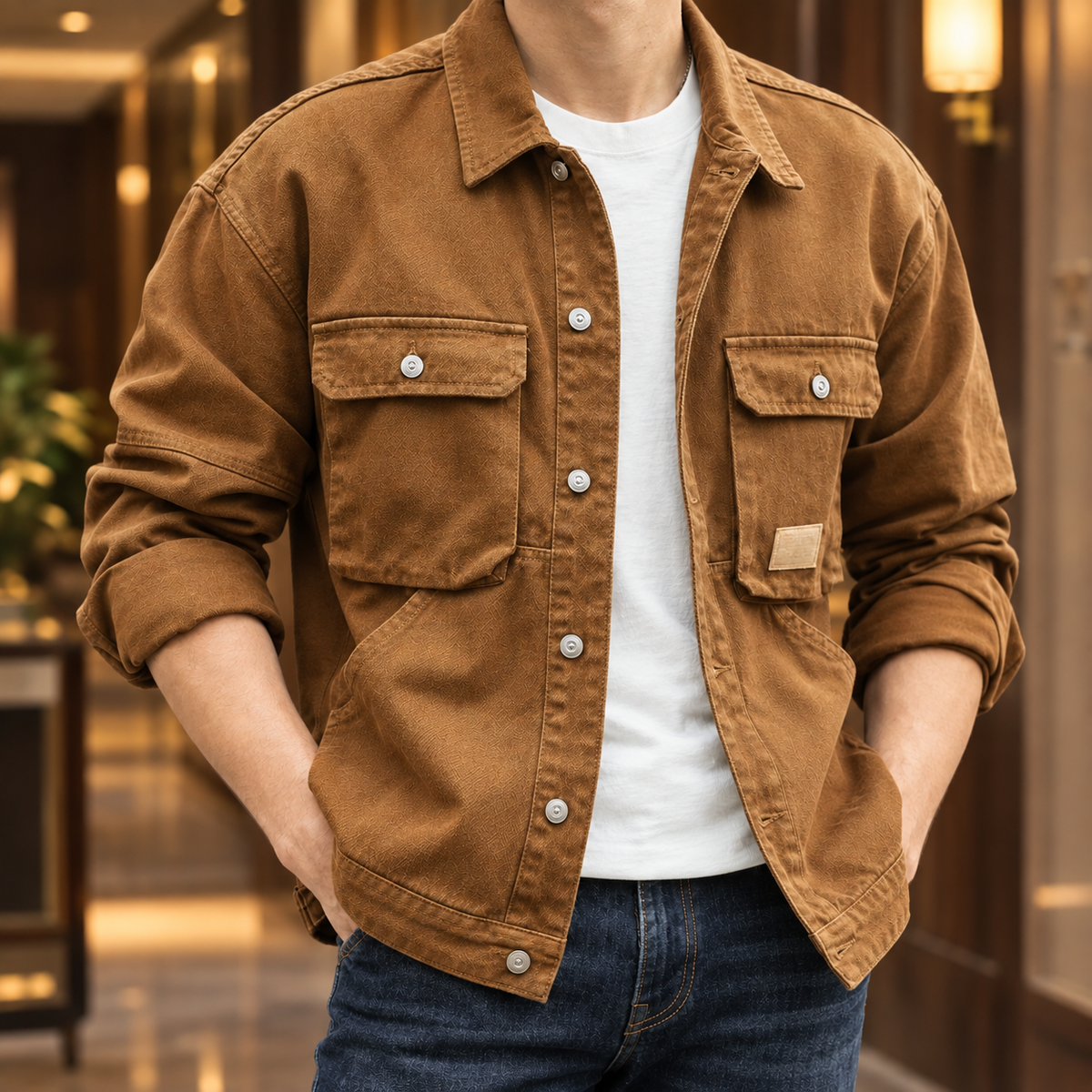Detailansicht der vier Taschen an der Utility-Jacke aus Denim