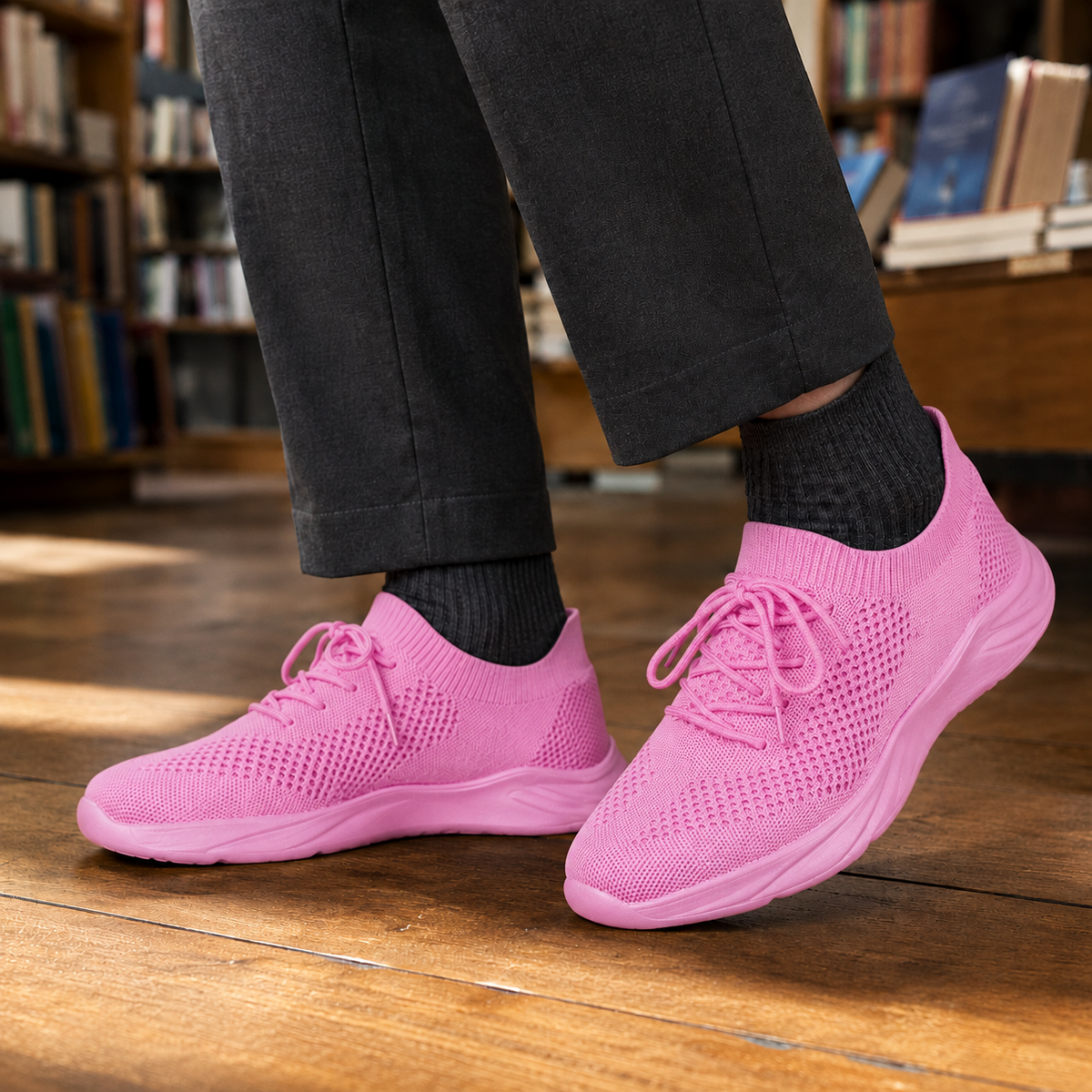 Nahaufnahme der flexiblen Sohlen der Strick-Sneaker