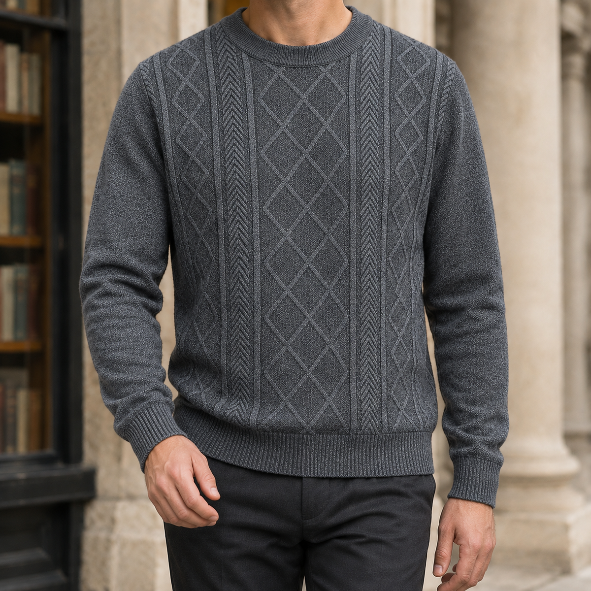 Strukturierter Pullover mit Rautenmuster in einer stilvollen Gesamtansicht