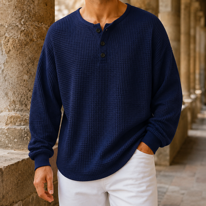 Strukturierter Henley-Pullover mit langen Ärmeln und klassischer Passform