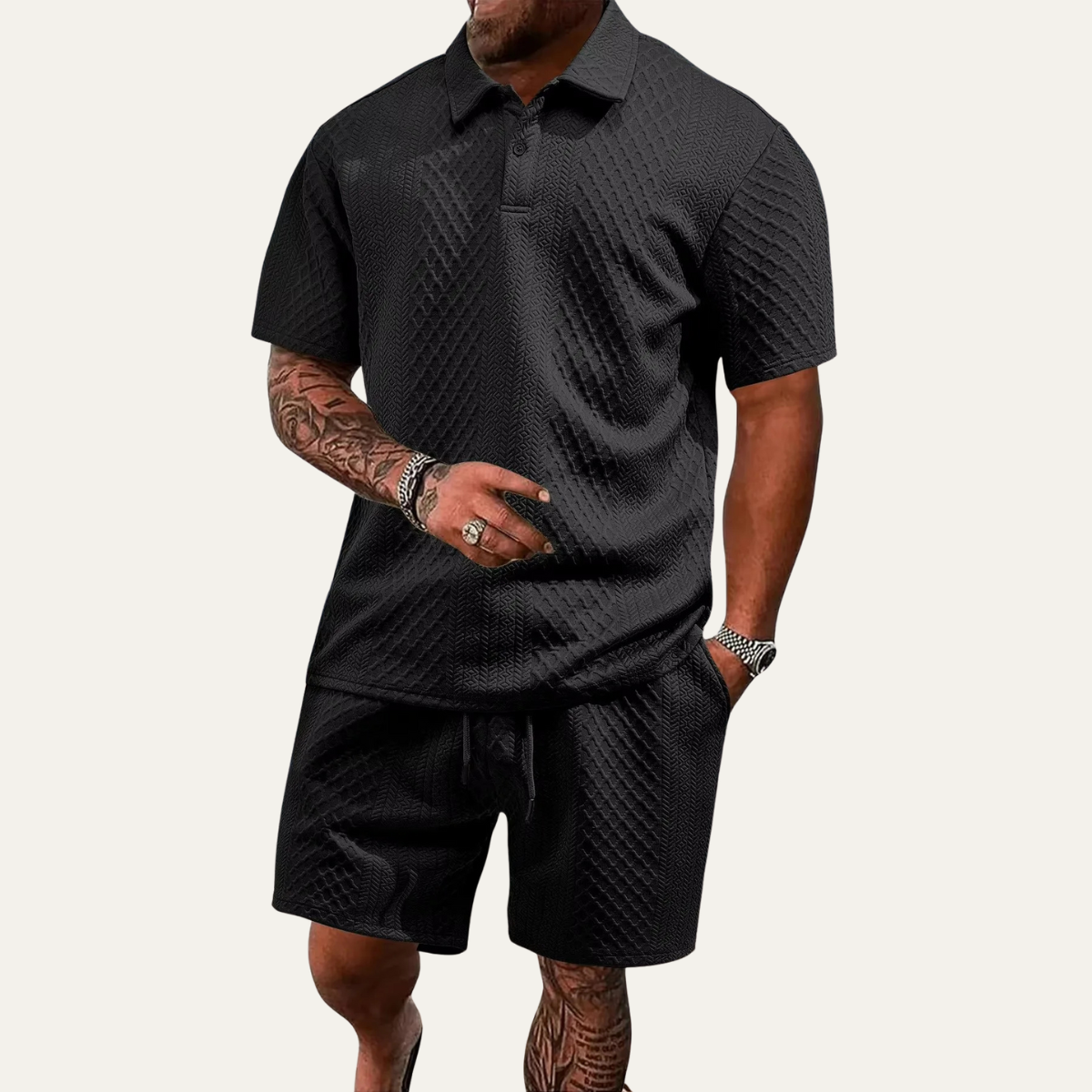 Detailansicht der Jacquardstruktur am Herren Polo-Shorts-Set