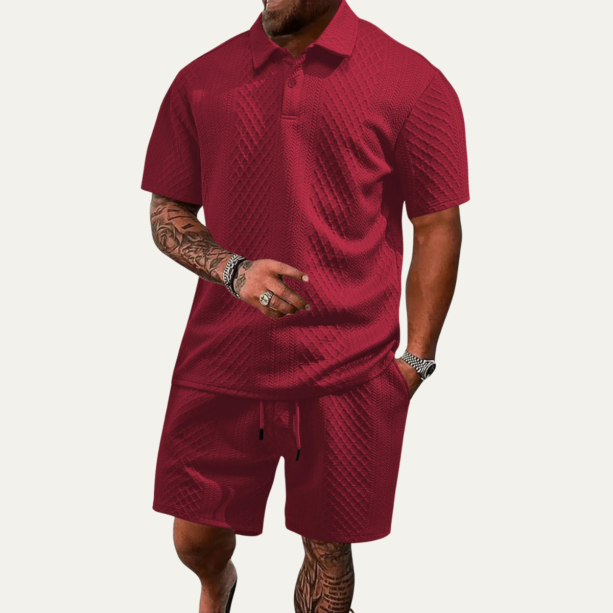 Rückansicht des Herren Polo-Shorts-Sets mit Jacquardstruktur