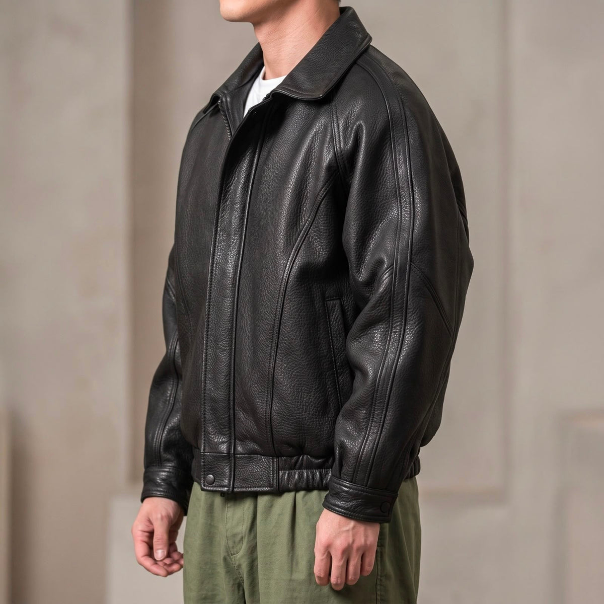 Detailansicht der Herren-Lederjacke mit Kragen und Reißverschluss