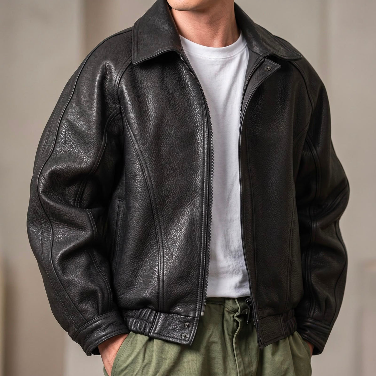 Herren-Lederjacke aus Leder mit Kragen und Reißverschluss von vorn