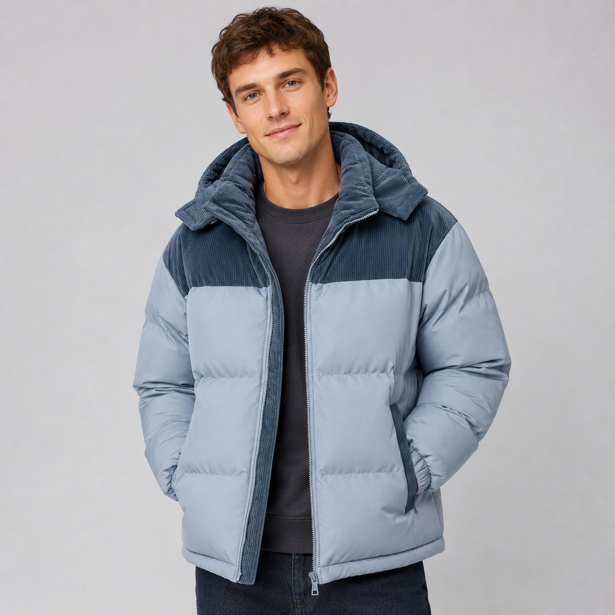 Detailansicht der Kapuze an der Herren-Steppjacke