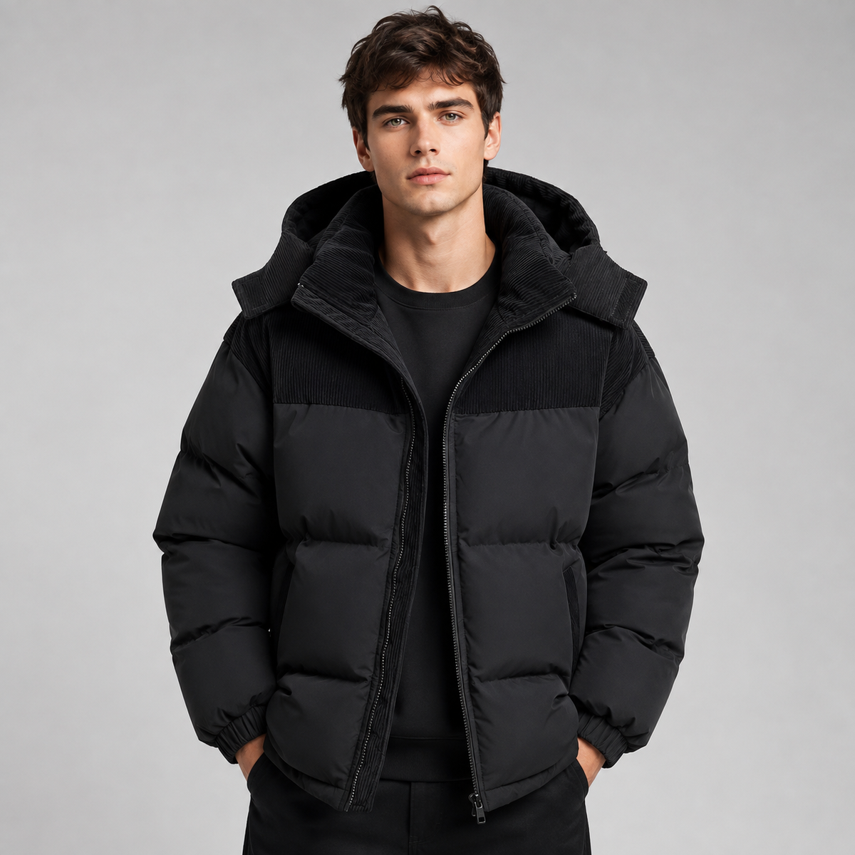 Herren Oversized Steppjacke mit Kapuze in der Vorderansicht