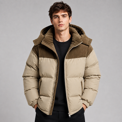 Herren-Steppjacke mit Kapuze in der seitlichen Ansicht