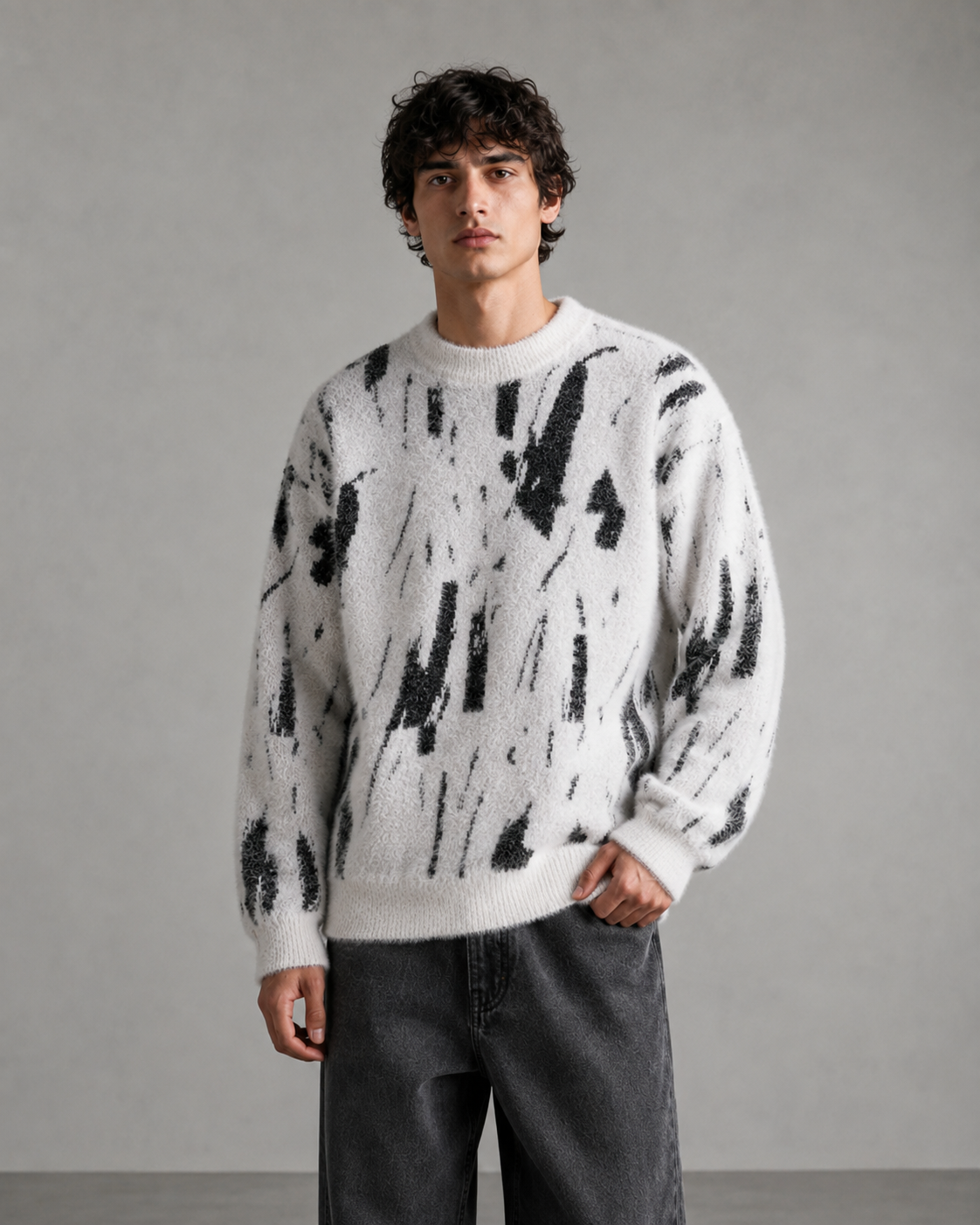 Nahaufnahme des abstrakten Musters auf dem Strickpullover