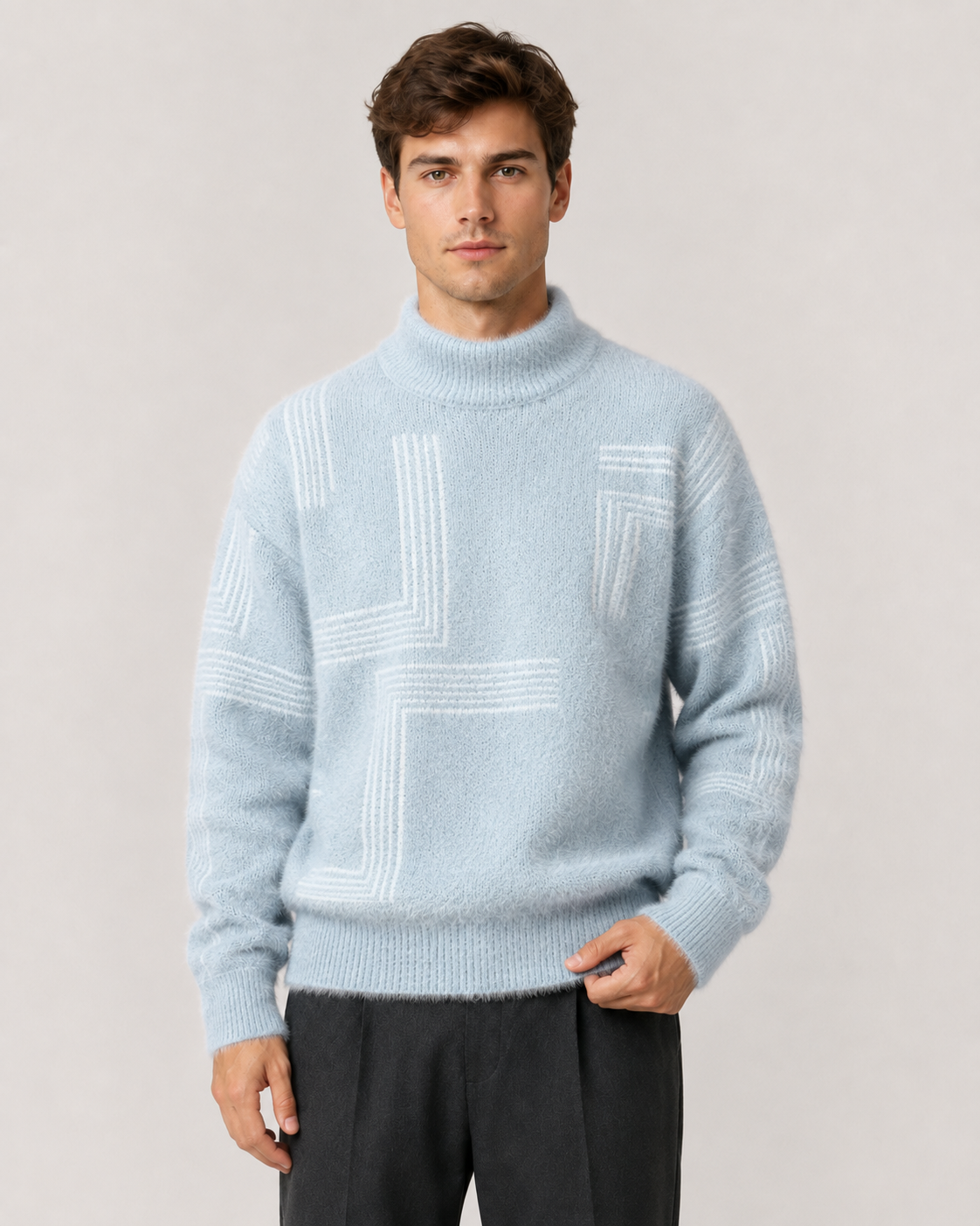 Herren Flauschiger Strickpullover Mit Stehkragen