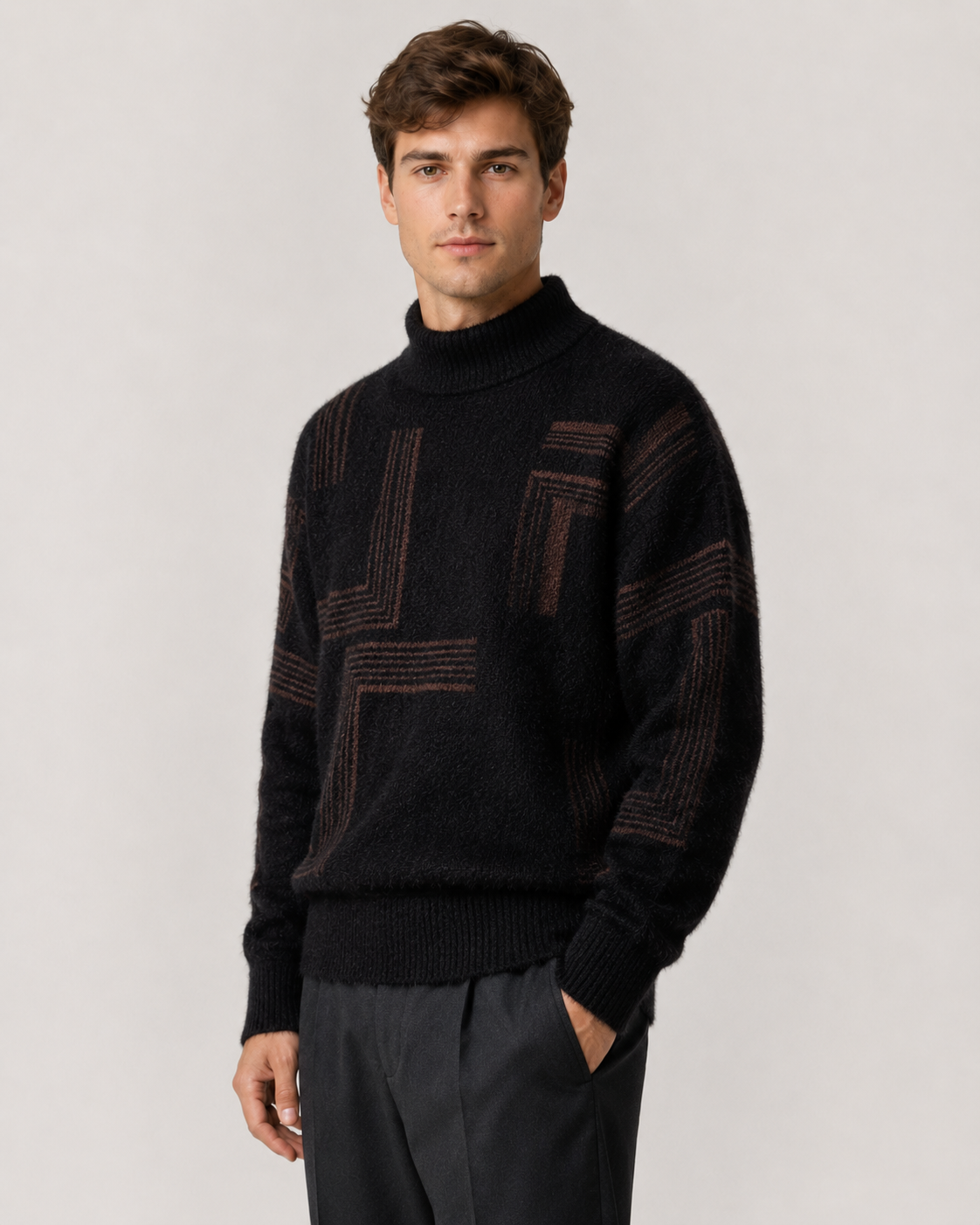 Flauschiger Herren-Strickpullover mit geometrischem Muster und Stehkragen