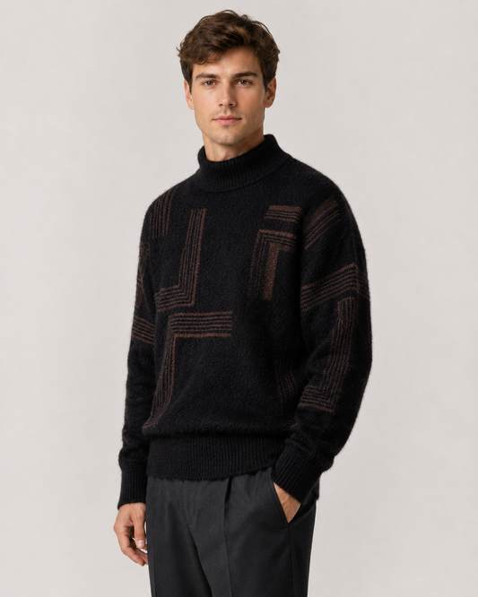 Flauschiger Herren-Strickpullover mit geometrischem Muster und Stehkragen