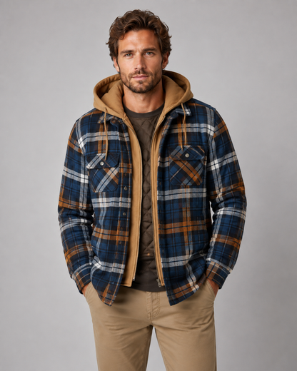 Herren-Overshirt mit kariertem Muster, Kapuze und Steppfutter